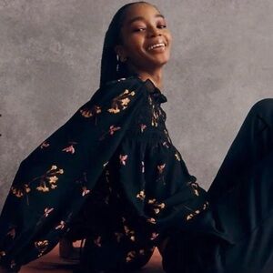 Madewell Black Floral Smocked Blouse with Yellow Accents